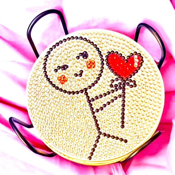 Stick Figure & Heart Coaster Set/8 & Holder Hand Crafted Sealed Diamond Art NWT - Picture 2 of 4
